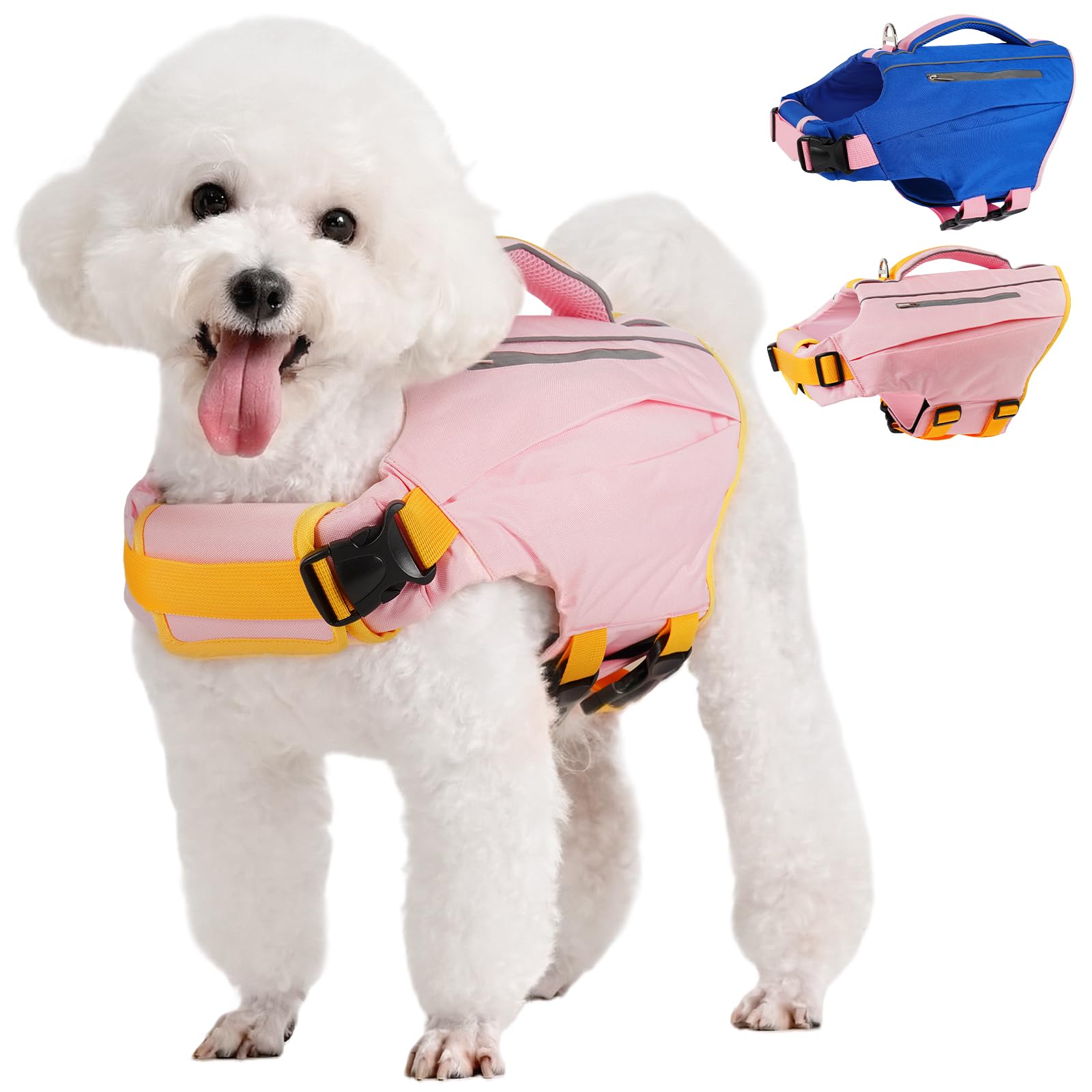 Kuoser Dog Life Jackets, Adjustable Float Aid with Handle, High Flotation Dog Life Safety Vest for Water Activities & Paddleboarding, Pink S