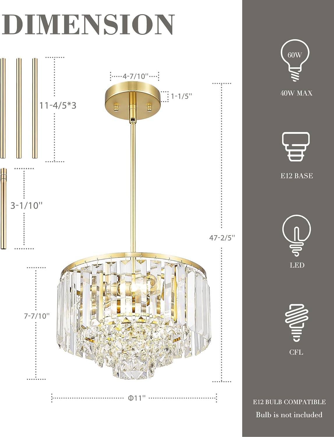 Polished Gold Chandelier, 4-Tier Crystal Pendant Light fixtures, Vintage Hanging Light, Chandeliers for Dining Room Kitchen Island Bedroom Entryway, CC4215-3W-PG