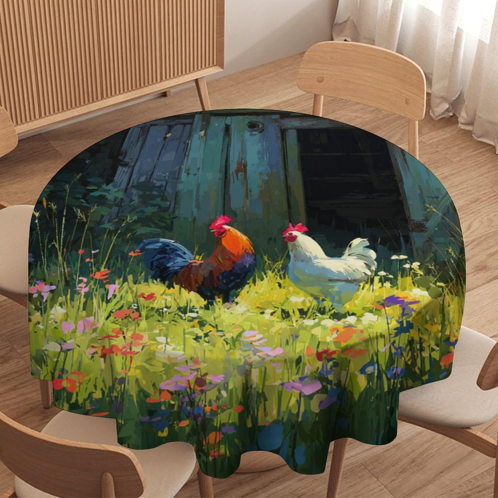 LUYYSKY Colorful Funny Chicken Rooster Waterproof Round Tablecloth Colorful Watercolor Farmhouse Barn Farm Animals Floral Washable Table Cover for Kitchen-177.8" Wx177.8 L cm