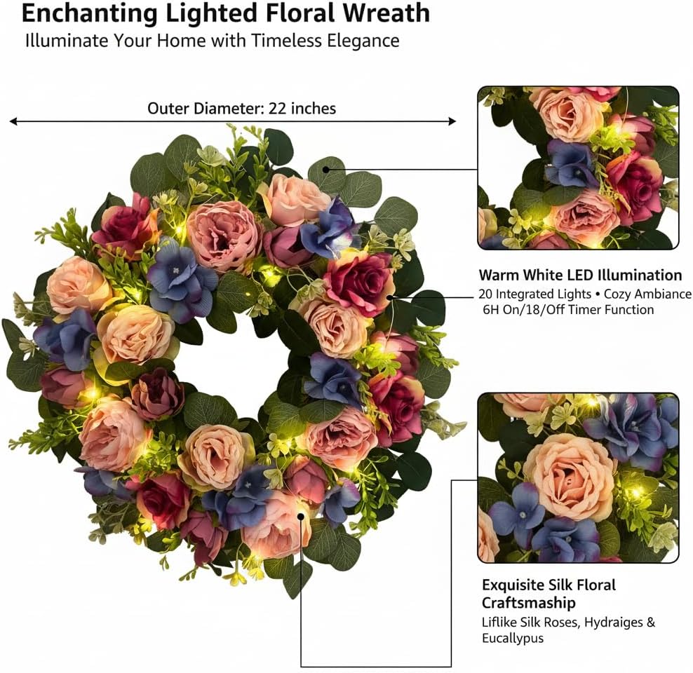 22 Inch Pre-lit Artificial Spring Wreath for Front Door with Timer - 20 LED Lights, Pink Rose Peony & Eucalyptus Floral Decor, Battery Operated Summer Wreath for Indoor Covered Outdoor