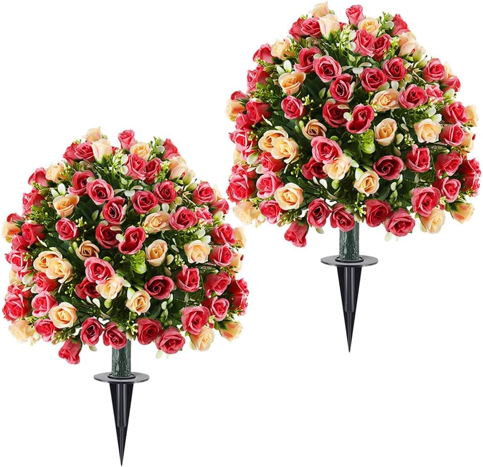 Set of 2 Artificial Boxwood Topiary Ball Trees with Rose Flowers,24" UV Resistant Outdoors Fake Plants Bushes,Realistic Faux Greenery Shrubs with Spike for for Garden, Yard, Porch (Champagne Red)