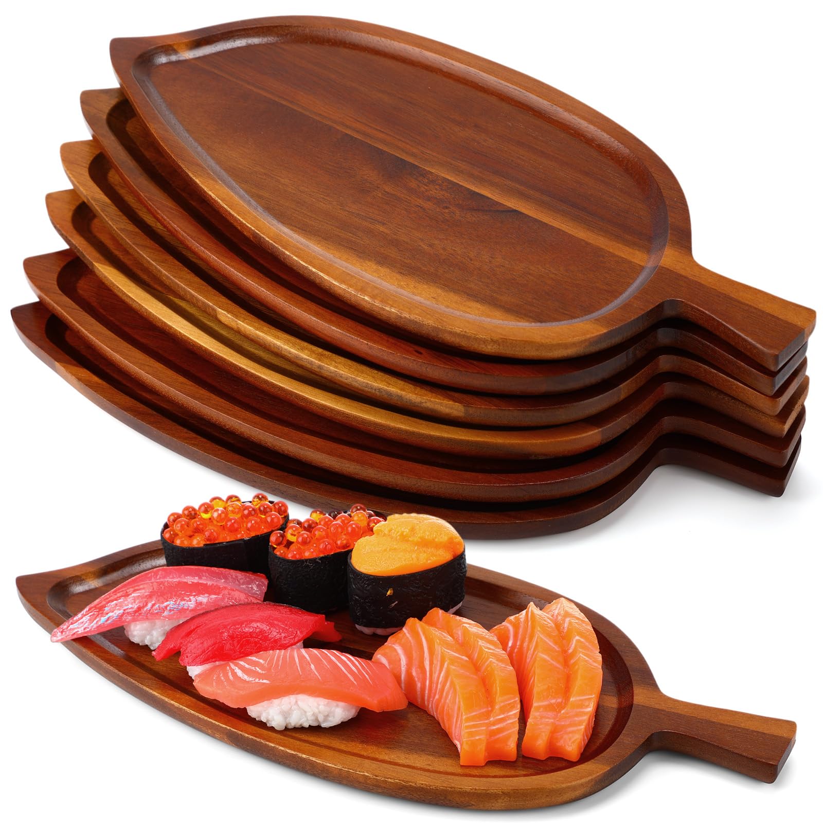 Rtteri Serviertabletts aus Akazienholz, 33 x 14 cm, Blattform, Serviertabletts aus Holz, Blattform, Serviertabletts für Snacks, Kekse, Obst, Käse, Lebensmittelschale, Heimbüro, 6 Stück
