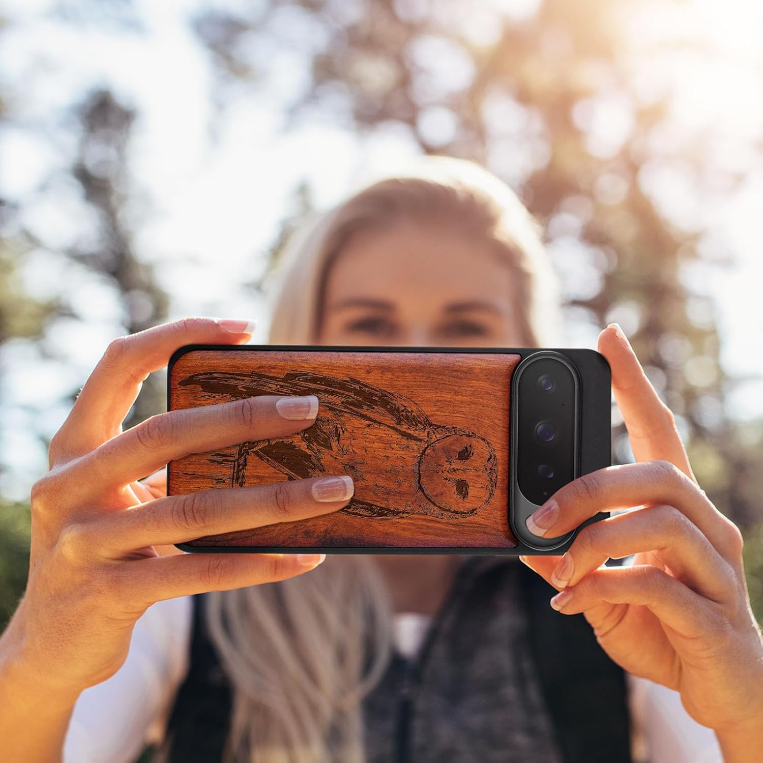 Carveit Magnetic Wooden Case for Pixel 9 Pro Google 9 Pro Case, Wood Artisan Engraved & Soft TPU Shockproof Cover, Compatible with MagSafe Wireless Chargers (Barn owl) Rosy