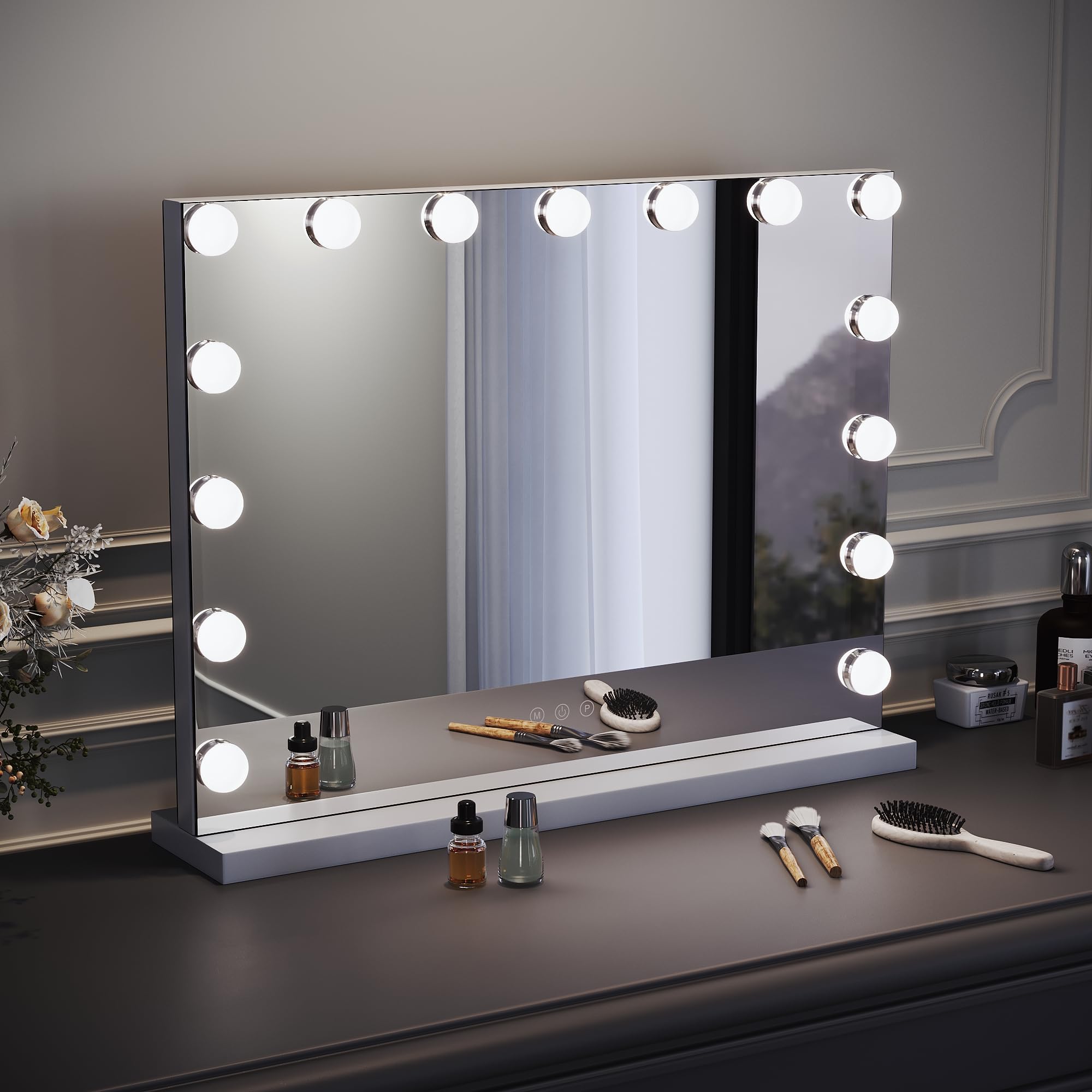Hansong Miroir Hollywood Lumineux 14 LED - 3 Modes D'Éclairage Réglables + Grossissant 10x - Table Ou Mural 50x40 Cm
