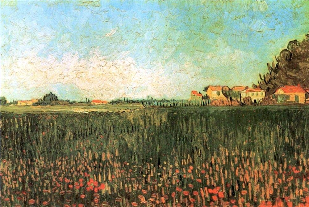 手描き ミニアート 麦畑風景画 フィンセント・ファン・ゴッホ - アルルの眺めのある麦畑 50 x 60 cm