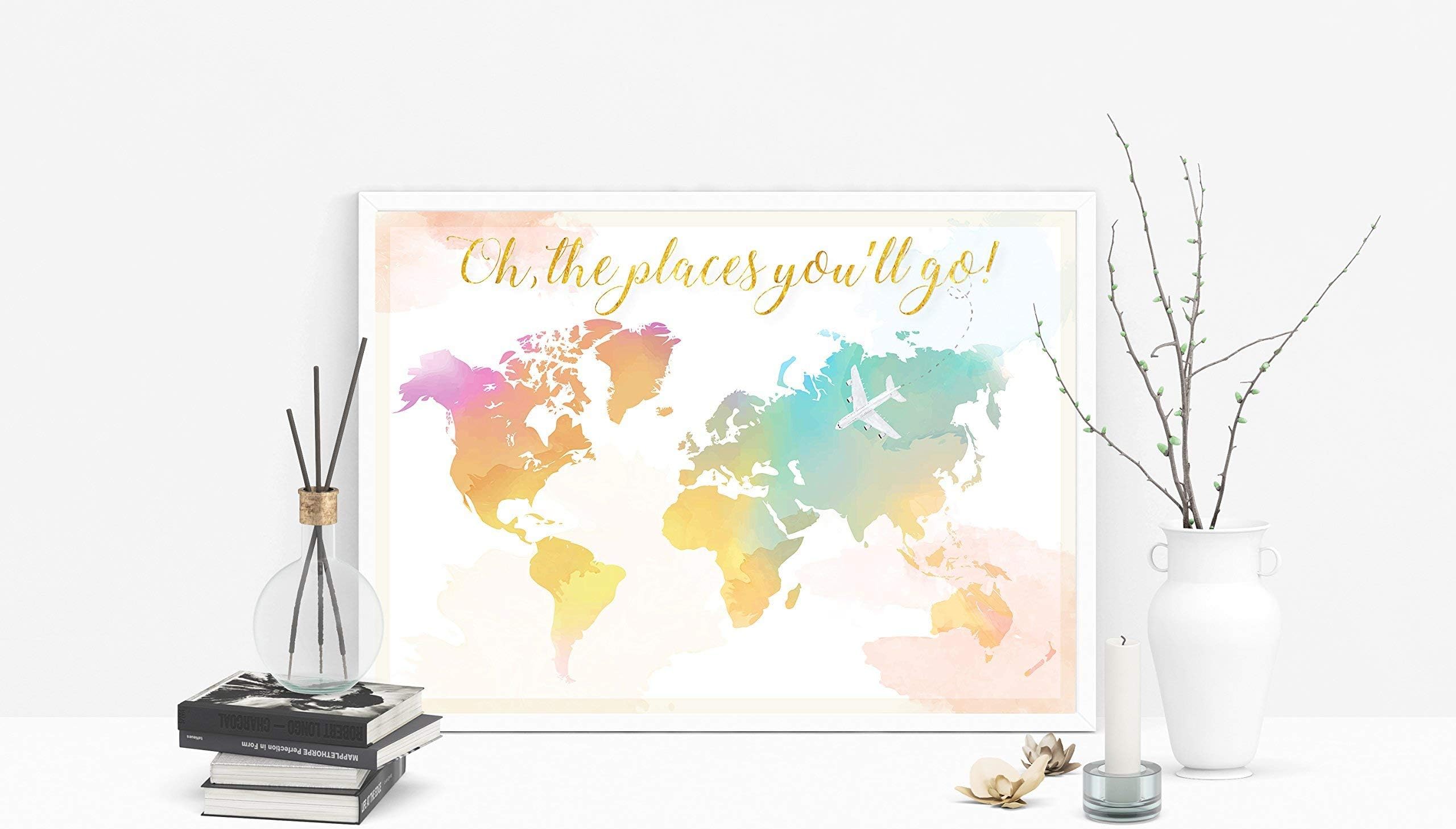 Oh, the places you'll go! Dr. Seuss Quote Watercolour Pastel Coloured Gold Wold Map Kids Room Wall Art Nursery Print