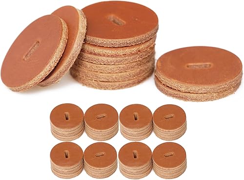 Jeereal Arandelas de mango de cuero de vaca para fabricación de cuchillos y pasatiempos, círculo rojo y marrón con ranura (paquete de 50)