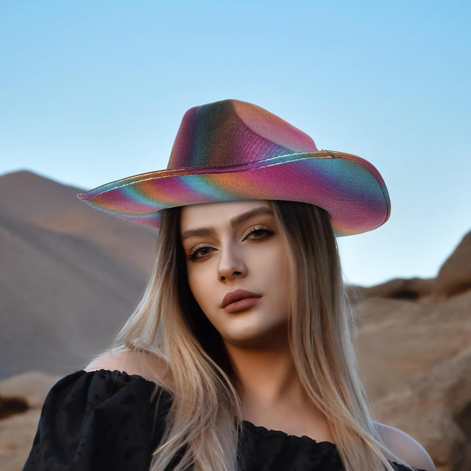 Rainbow Cloth Cowboy Hat Adjustable Back Strap, Practical and Fashionable Party Hat for Halloween and Performances, Cool Creative Design for Women