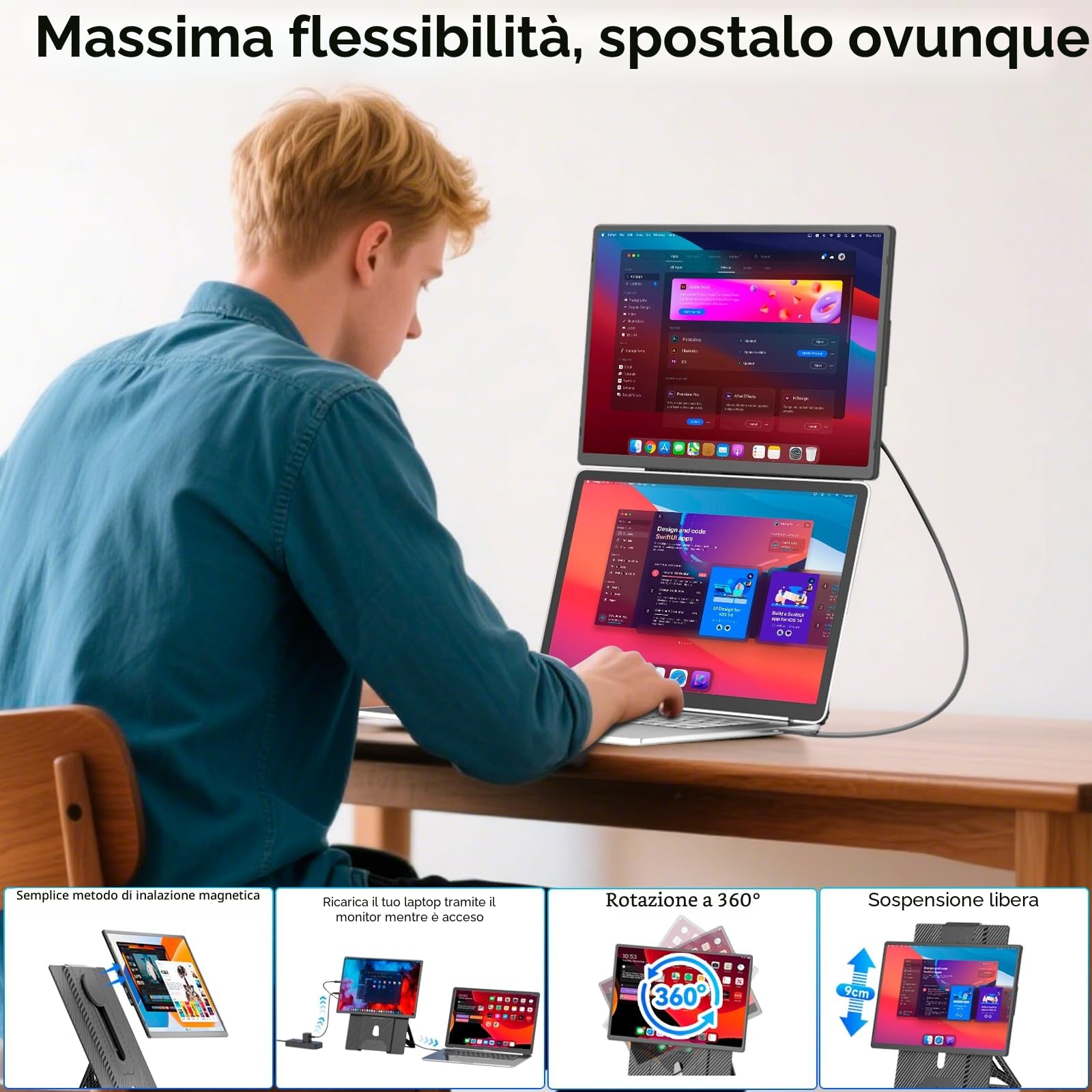 Monitor Portatile per Laptop 16", Schermo Portatile Full HD 1920x1200 IPS 16:10, Doppio Schermo PC Portatile per Laptop 13-17.3", Connettività USB C e HDMI per Windows/Mac/Android/Switch/PS5