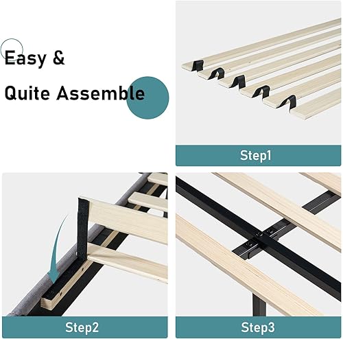 Miniatura 5 de LUXOAK Base de cama tamaño Queen con cabecera LED, plataforma tapizada con botones de lino con estación de carga USB, fuerte soporte de listones de