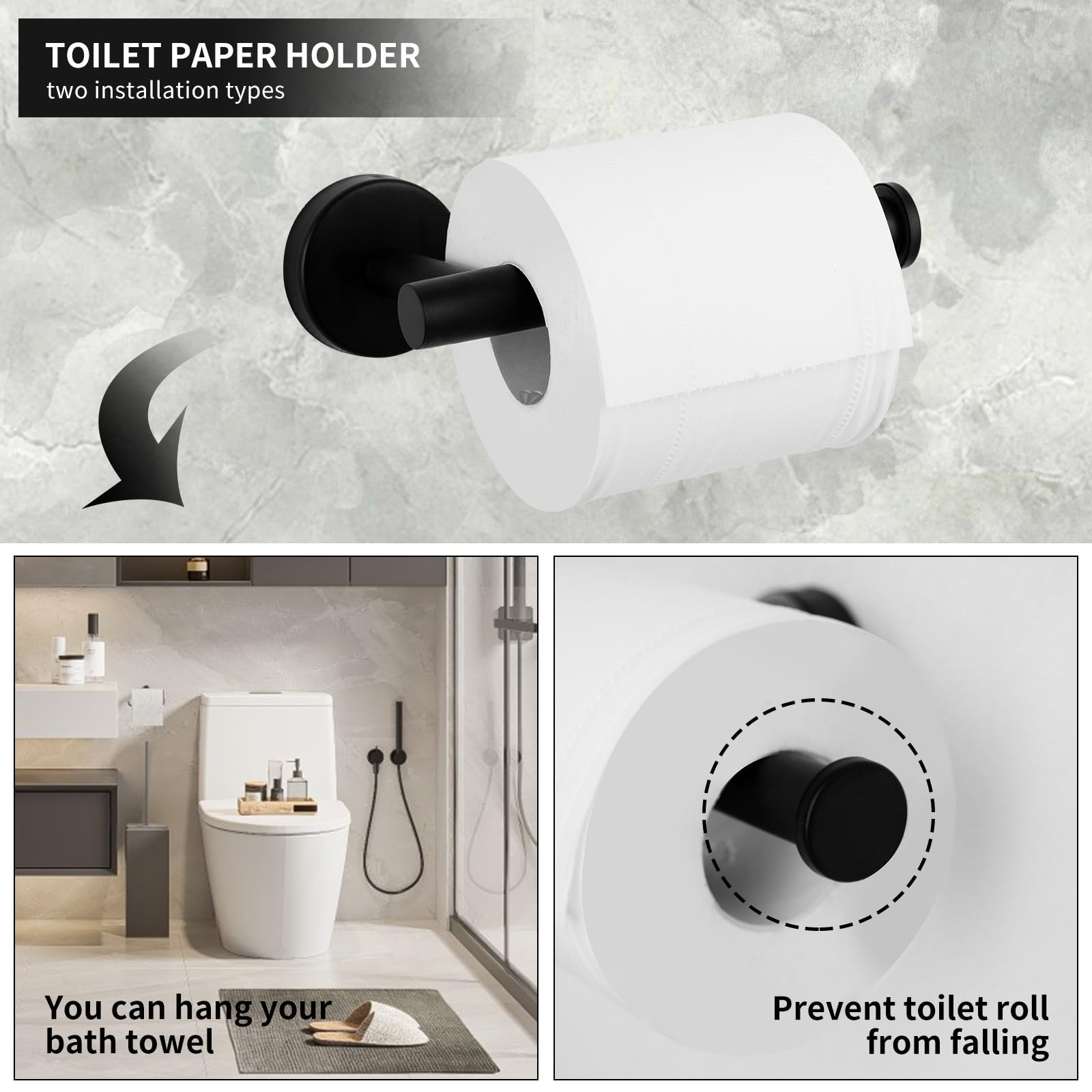 Porta Asciugamani Bagno, 5 Pezzi Set Porta Asciugamani，Acciaio Portarotolo e Gancio per Accappatoio,alloggiamenti di asciugamani per pareti di bagno montati