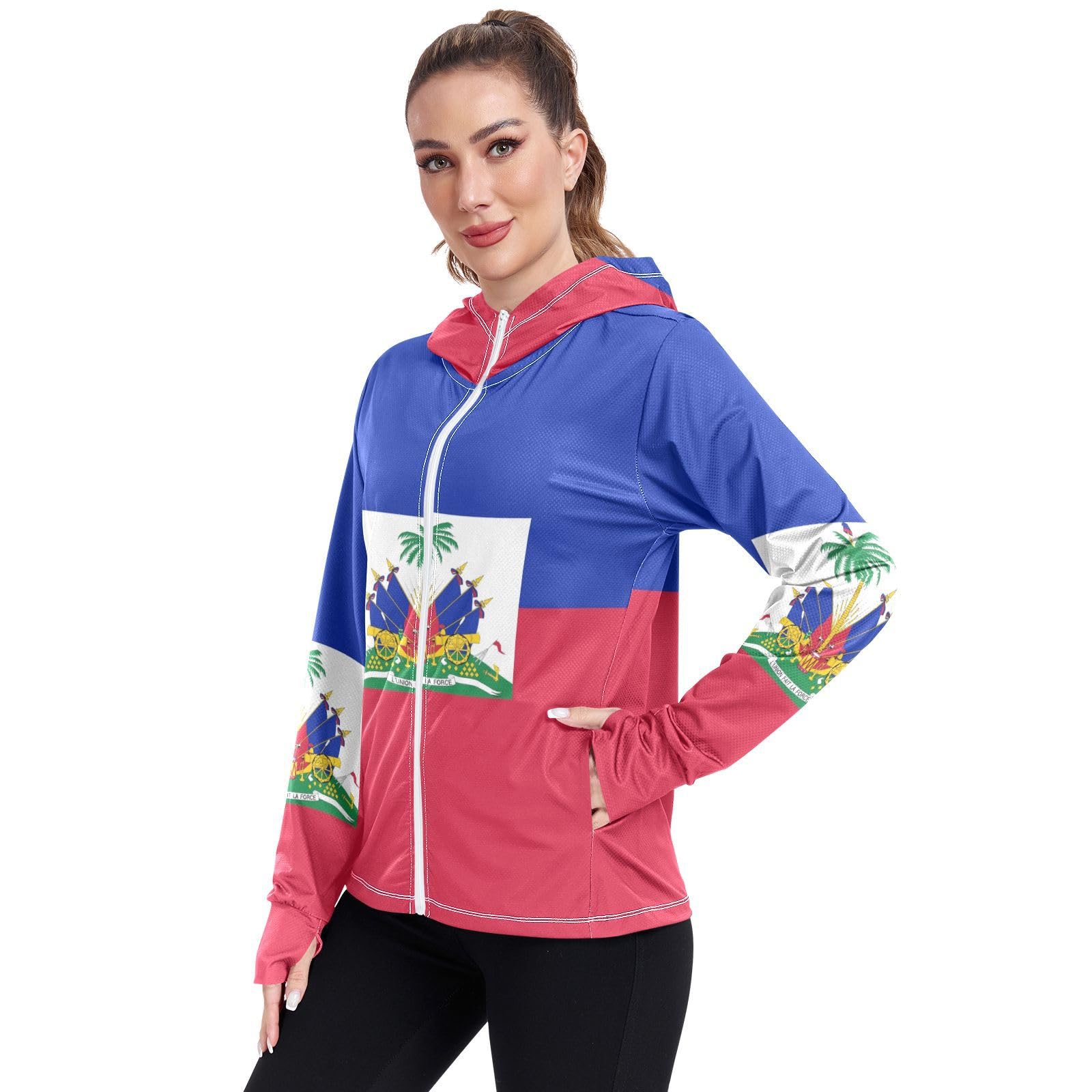 Haiti Flag Womens UPF 50+ Sun Protection Hoodie Jacket Lightweight Long Sleeve Sun Shirt with Pocket Multicoloured