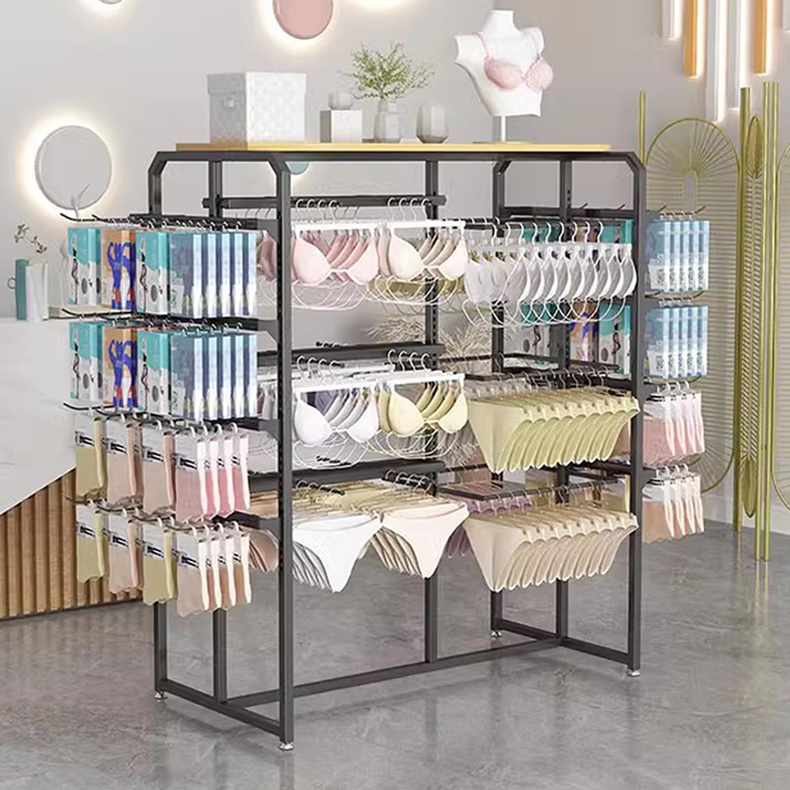 DETMOL Adjustable, double-sided lingerie display stands, storage stands for lingerie, bras, panties and scarves in boutique retail stores, freestanding metal clothes hangers for clothing stores