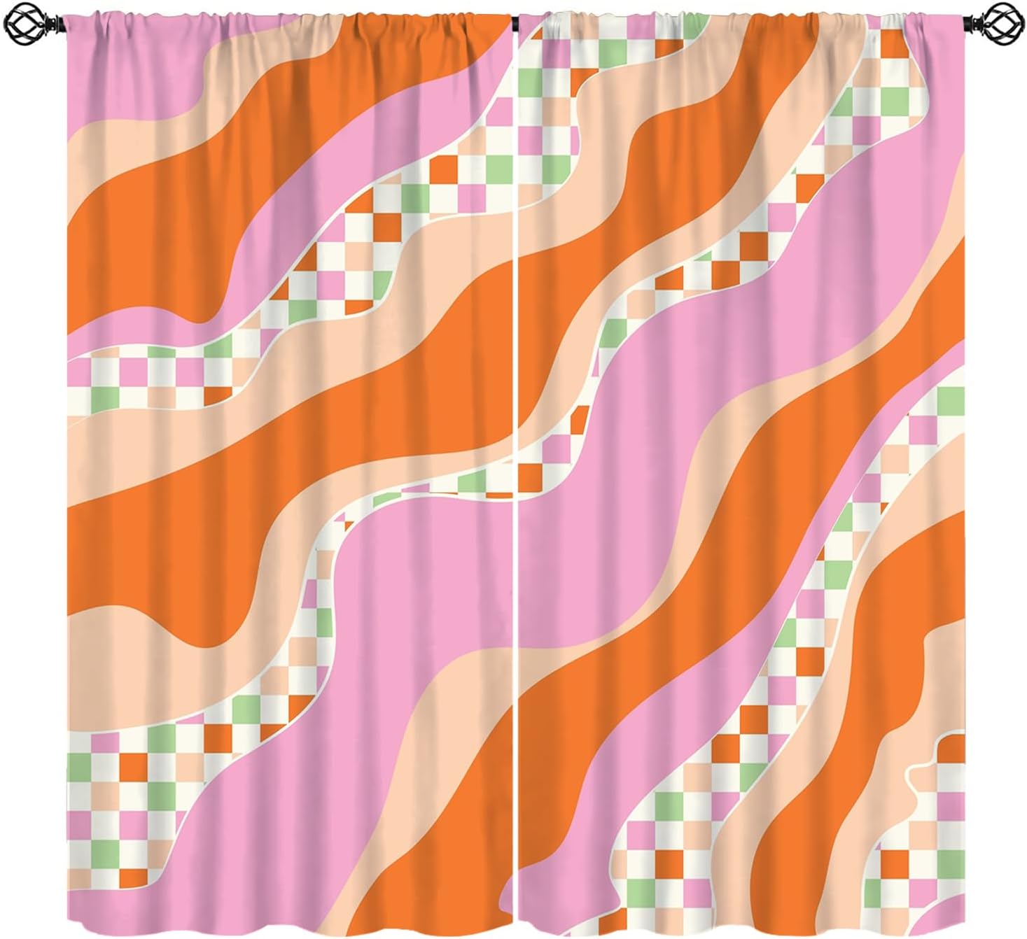 Retro Groovy Checkered Curtains, Boho Hippie 1970s Vintage Abstract Wavy Geometric Rod Pocket Blackout Window Treatment for Kitchen Bedroom Living Room 42" W X 45" L
