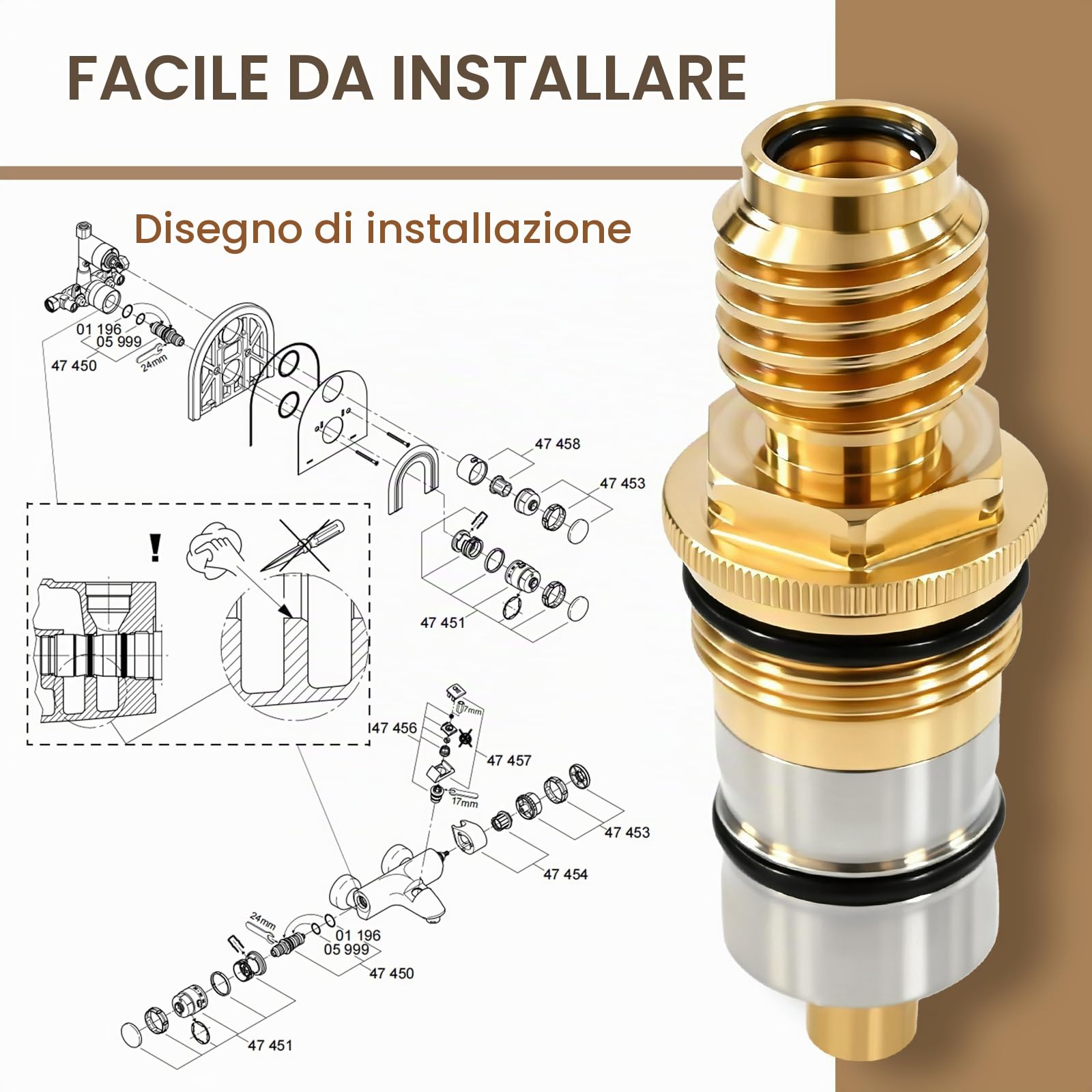 GR-47450000 - Cartuccia termostatica 1/2" in ottone e acciaio inox, compatibile con Grohtherm 1000/3000 e Automatic 2000 - ricambio 47450000