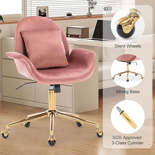 Miniatura 7 de Silla de oficina en casa, moderna silla de escritorio de terciopelo giratoria con almohada, silla decorativa tapizada con base dorada para niñas y