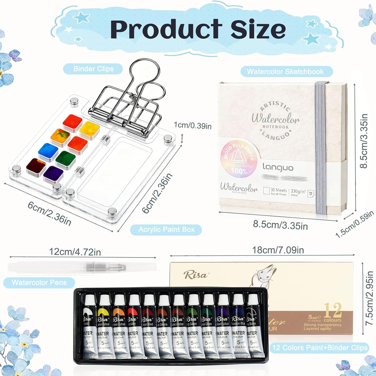 Mini Watercolor Paint Set Portable,Travel Paint kit,Paint Palette Travel Kit Set with Paint,Watercolor Pens,Sketchbook,Binder Clips,Acrylic Paint Box,Watercolor Set for Painters Artists Student