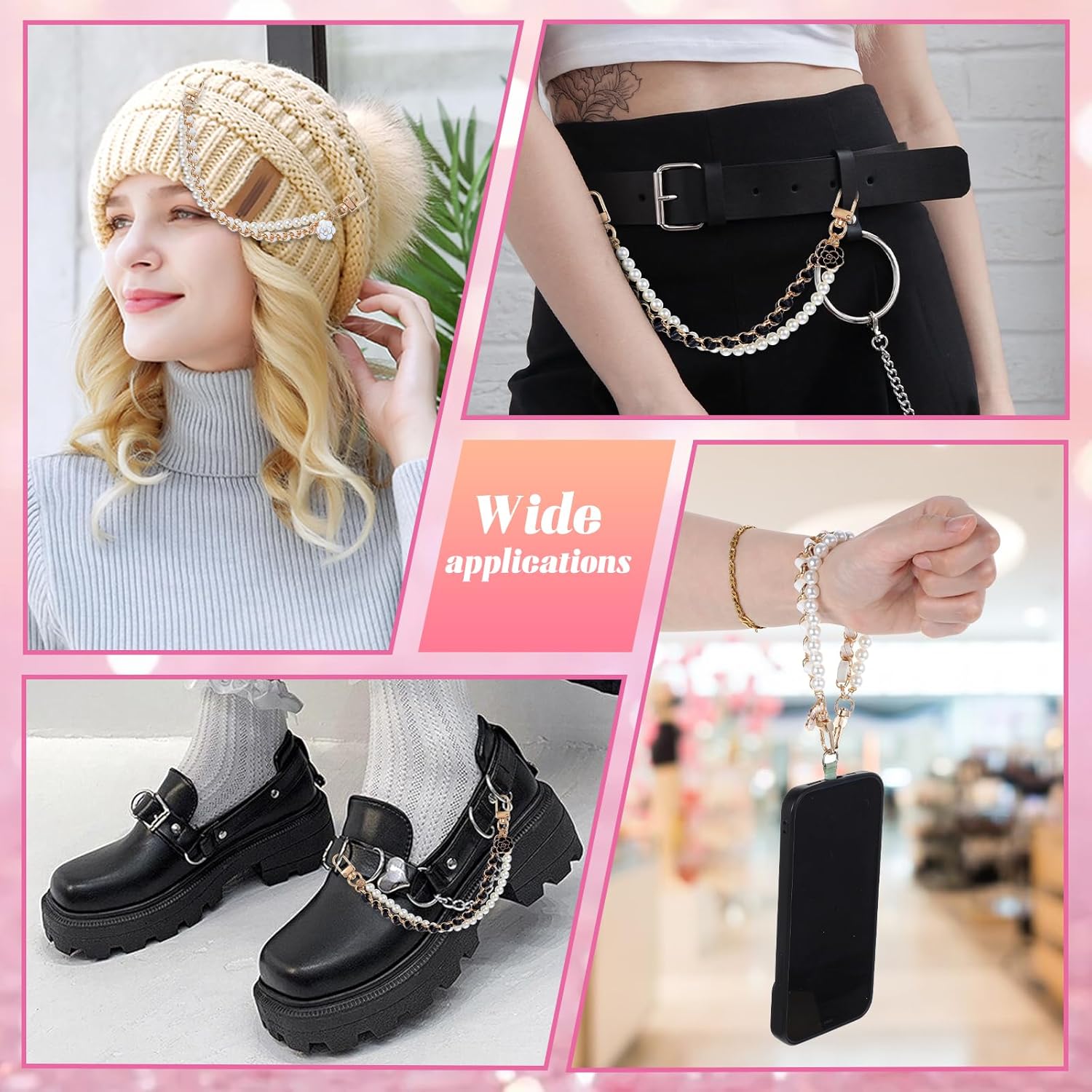 2Pcs Pearl Purse Chains Extender 10 Inch Black Handbag Straps Crossbody Bag with Cute Flower Purses Strap Replacement Purse Accessories Bag Charms for Women - Image 6