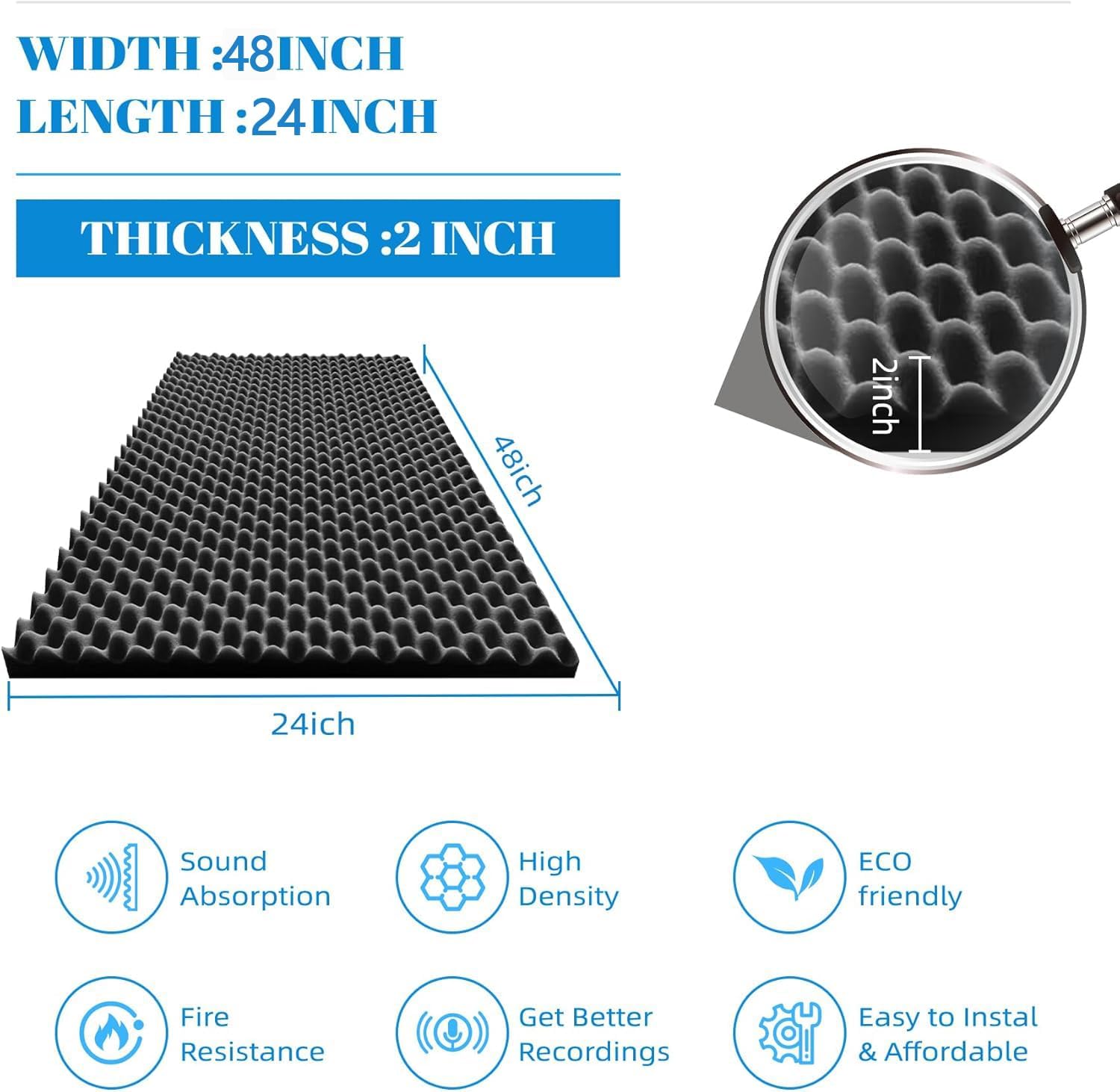 1 Pack Sound Proof Foam Panels |48"×24"×2" Quick-Recovery Soundproof Wall Panels | High Density Sound Dampening Panels for Home Studio,(Black)