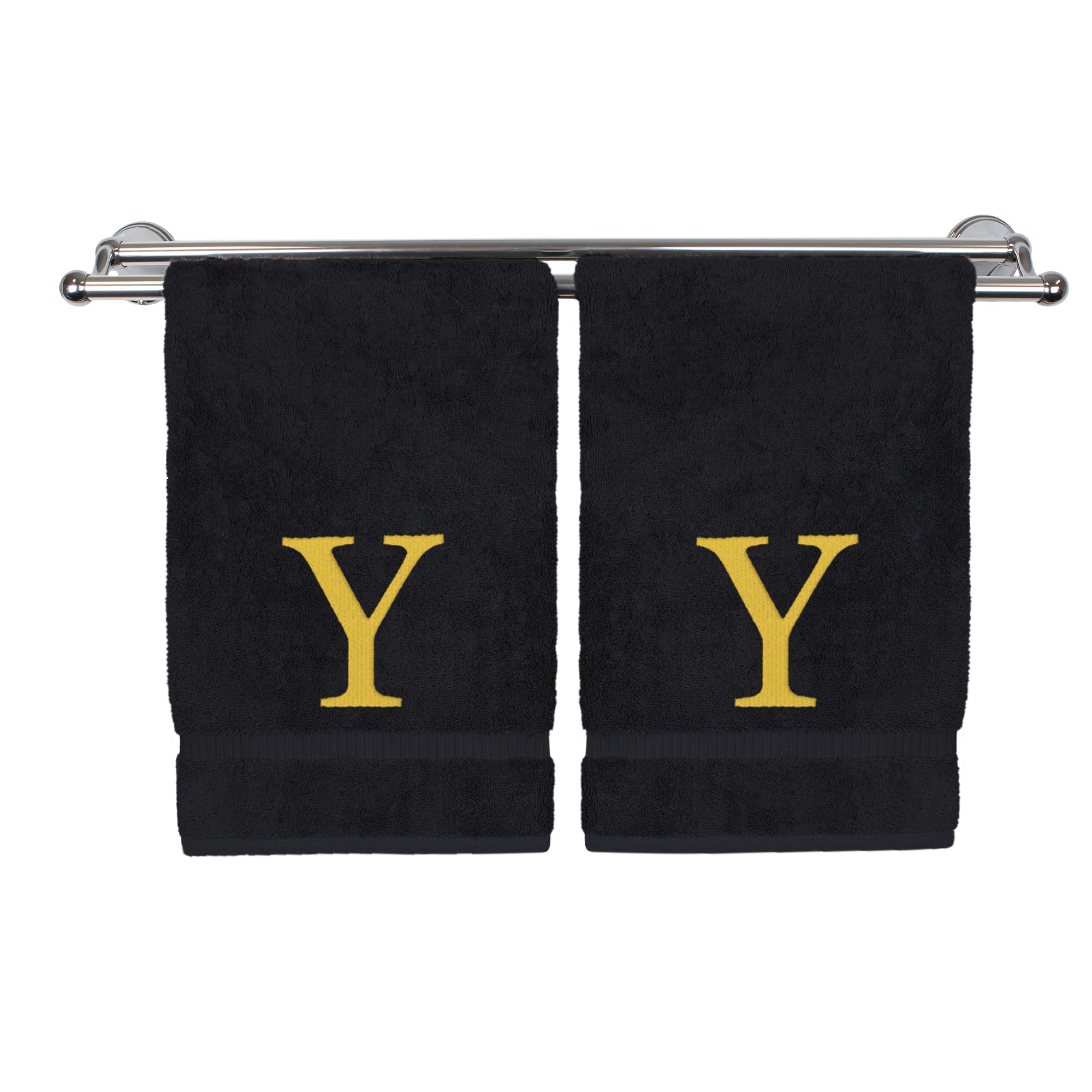Toalla de mano con monograma, regalo personalizado, juego de 2 toallas bordadas con letras de bloque dorado, extra absorbente, 100% algodón turco, acabado de rizo suave, inicial Y negra