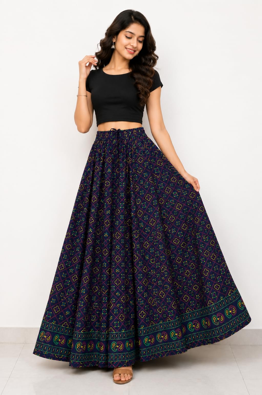 Women's Rayon Full Length Maxi Skirt | Printed Flared Long Skirt | Elastic Waist Boho Ethnic Casual-image-18