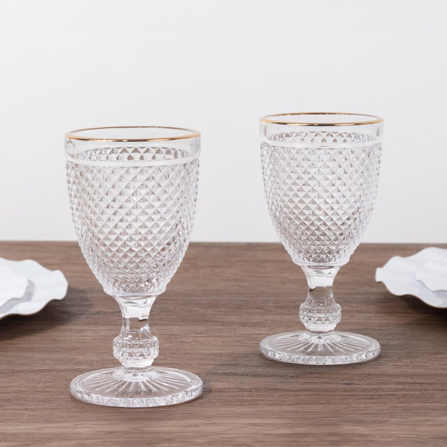 Efavormart 6-Pack 8oz Clear Gold Rimmed Vintage Wine Glasses with Embossed Diamond Pattern, 6" Crystal Water Goblets for Elegant Events and Home Party Decor