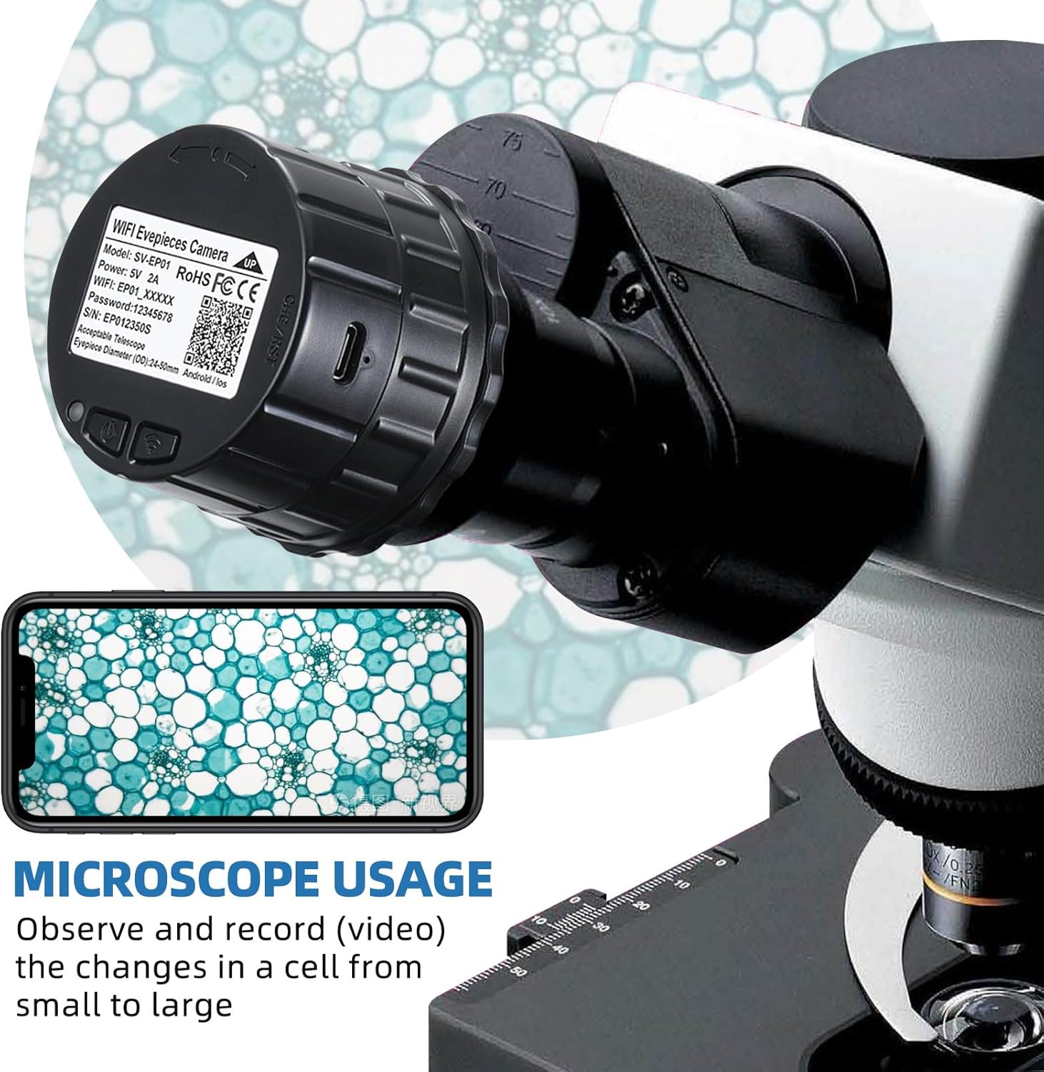 WiFi Eyepiece Telescope Camera with Video Recording Suitable for  24mm-50mm Optical Telescope Microscope and Monocular Binocular,