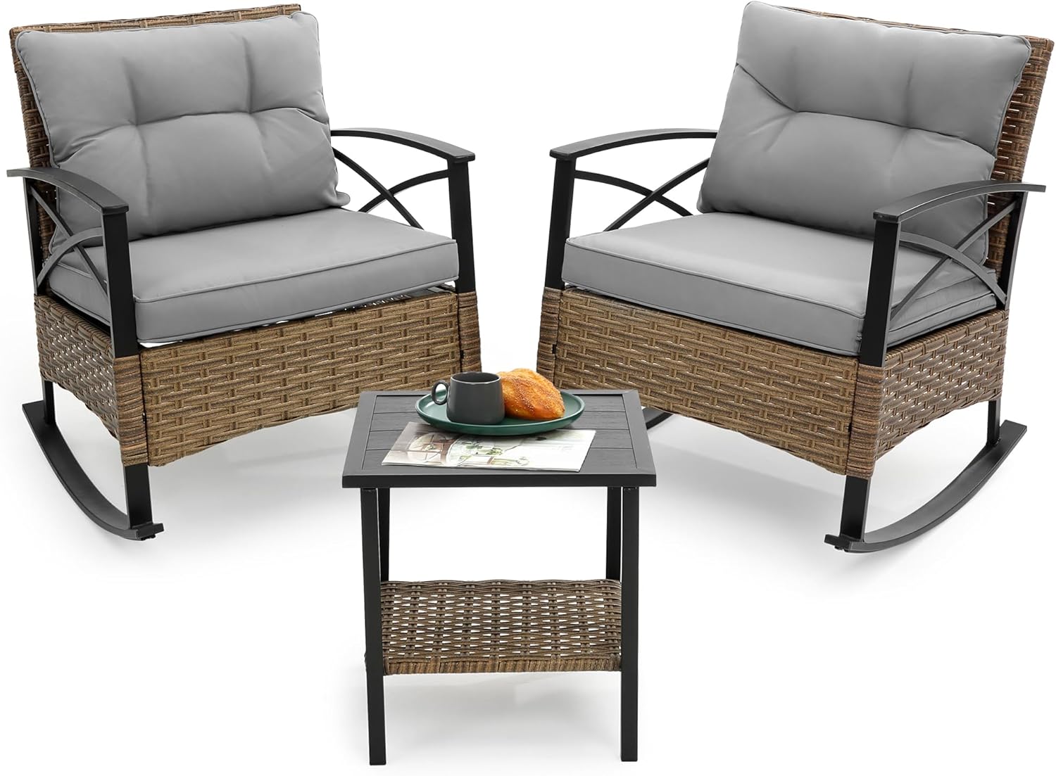 HOMEFUN 3 Piece Patio Furniture Set, Outdoor Rocking Chairs Set of 2 with Thick Cushion, Chairs for Porch Backyard Outside