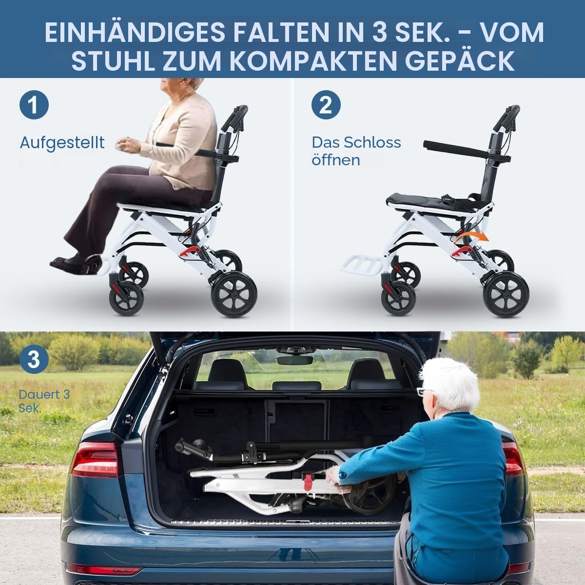 Leichte Rollstühle für Erwachsene, tragbarer Transit-Reisestuhl für Erwachsene mit klappbarem Fußpedal, Rollstuhl mit verstellbarem Sicherheitsgurt, zusammenklappbare Rollstühle für