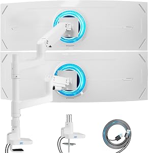 ARES WING Dual Monitor Arm for 17-49 Inch Monitors Stacking, White | Vertical Gas Spring Double Monitor Mount with USB, Adjustable Dual Monitor Mount for Desk