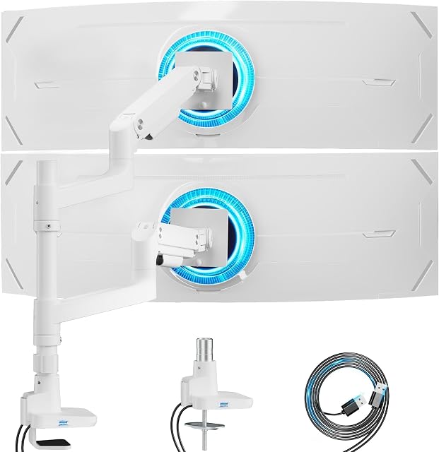 ARES WING Dual Monitor Arm for 17-49 Inch Monitors Stacking, White | Vertical Gas Spring Double Monitor Mount with USB, Adjustable Dual Monitor Mount for Desk