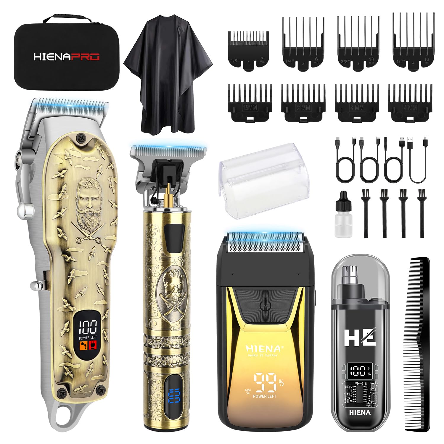 HIENA PRO Maquina de Cortar Pelo Hombre, Inalámbrico Cortapelos, Recortador de Barba, Afeitadora de Láminas, Cortapelos de Nariz, Kit Completo de Afeitado y Corte de Pelo Eléctrico (313 Set)