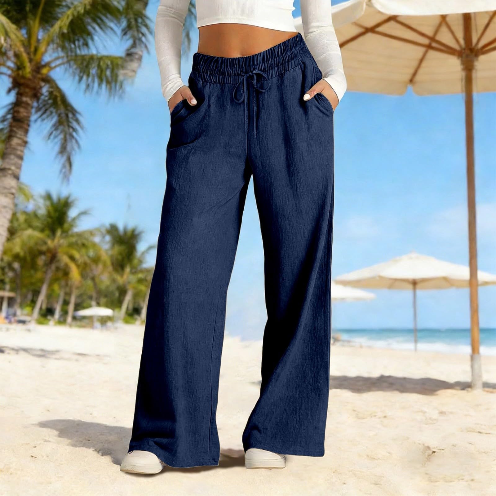 Pantalon Fluide Femme Été Léger Pantalon en Lin Décontracté Taille Elastique Pants à Jambes Larges avec Poches Respirant Confortable Pantalons Ample de Plage - 3