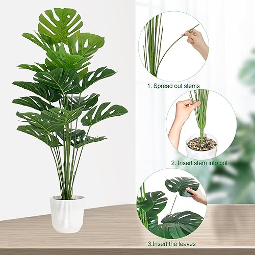 Miniatura 5 de SAJANDAS Juego de 2 plantas artificiales Monstera Deliciosa en macetas, palmeras tropicales falsas con hojas verdes y tallos, plantas artificiales