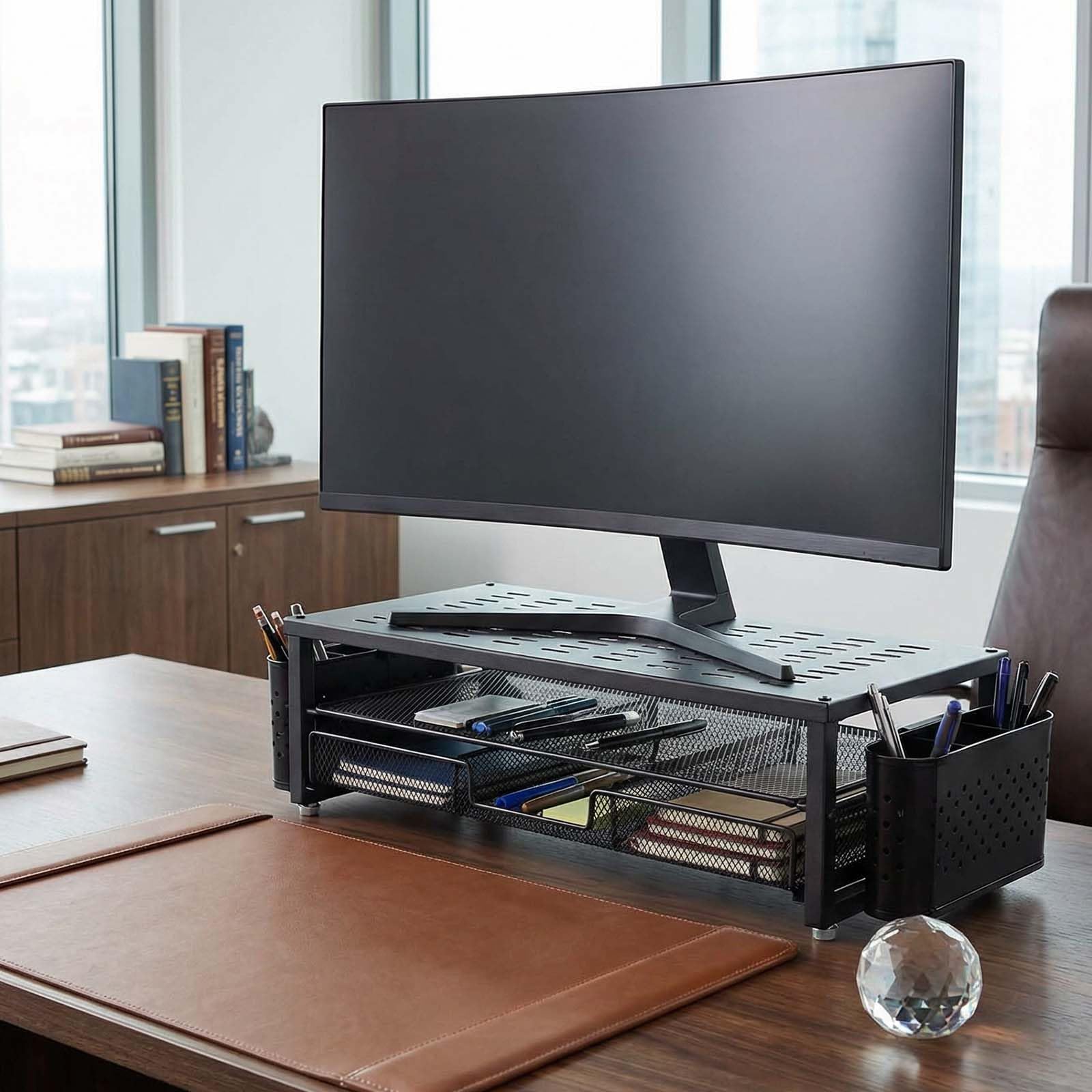 Alzaschermo con Cassetto e 2 Portapenne – Organizzatore da Scrivania Ergonomico per Monitor e Laptop, Supporto per Accessori Ufficio e Sistema di Archiviazione per Home Office