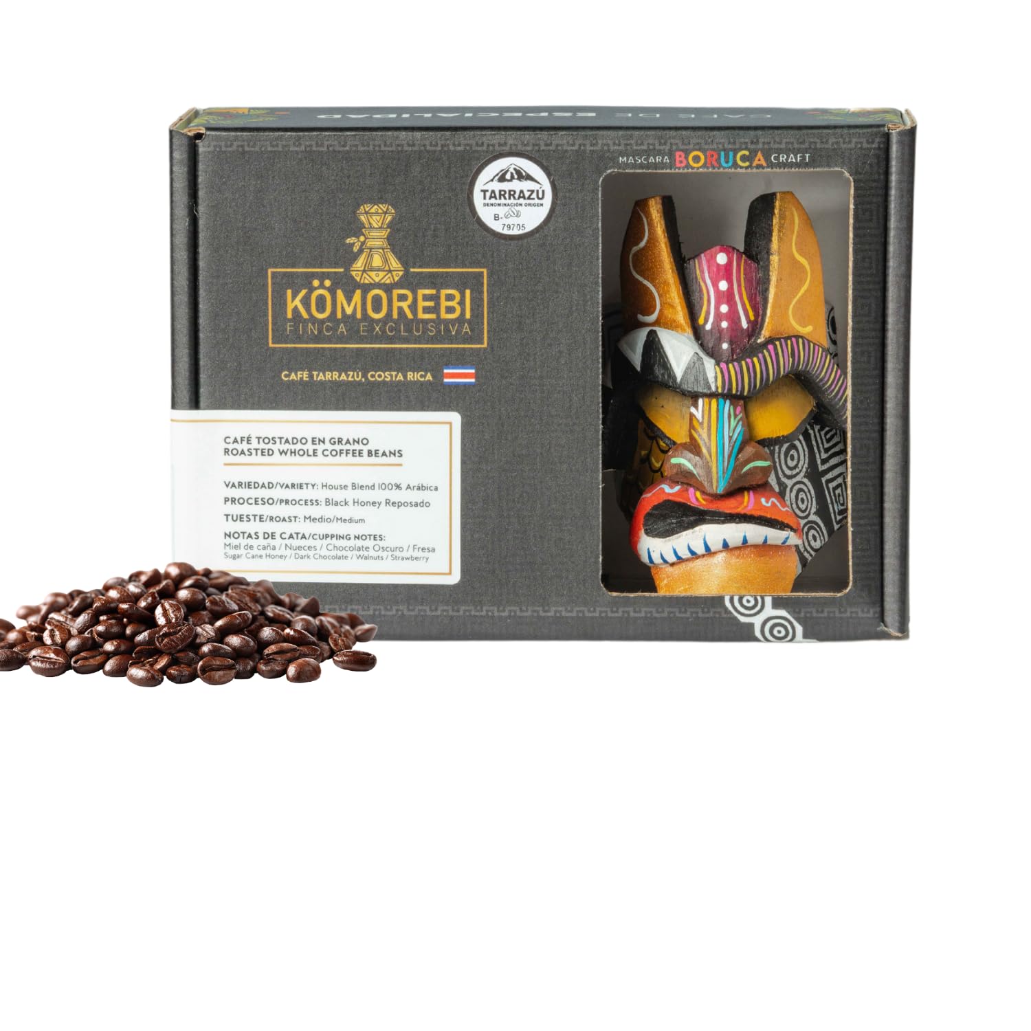 KOMOREBI FINCA EXCLUSIVA - Special Edition Pack (8oz premium roasted coffee + Handmade Wood Craft Souvenir 4.7x3.2In) - from Tarrazu, Costa Rica (Whole Bean, Gold Diablito)