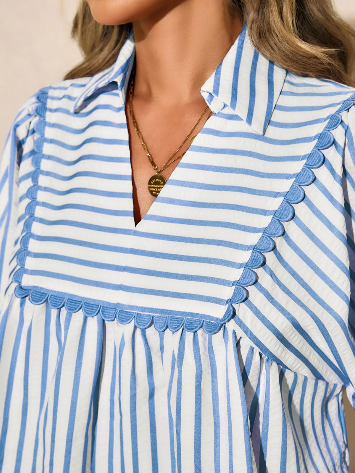 Tankaneo Blusa tipo babydoll a rayas para mujer, de gran tamaño, manga 3/4, péplum, ajuste holgado, plisada, lindas camisas