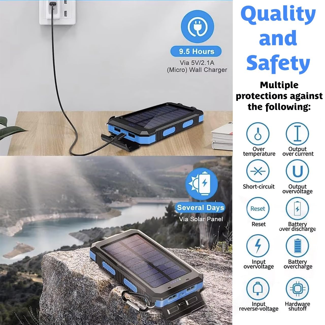 Solar Power Bank 20000 mAh, caricabatterie portatile a ricarica rapida con torcia e bussola, batteria di backup impermeabile per uso esterno e viaggi, ricarica alla luce solare o con il cavo in