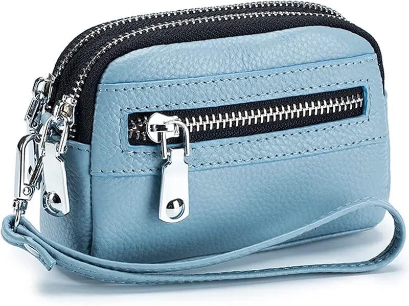 Genuine Leather Mini Wristlet Wallet for Women, 3 Zipped Coin Purse Small Pouch with Wristlet Strap (Light Blue)