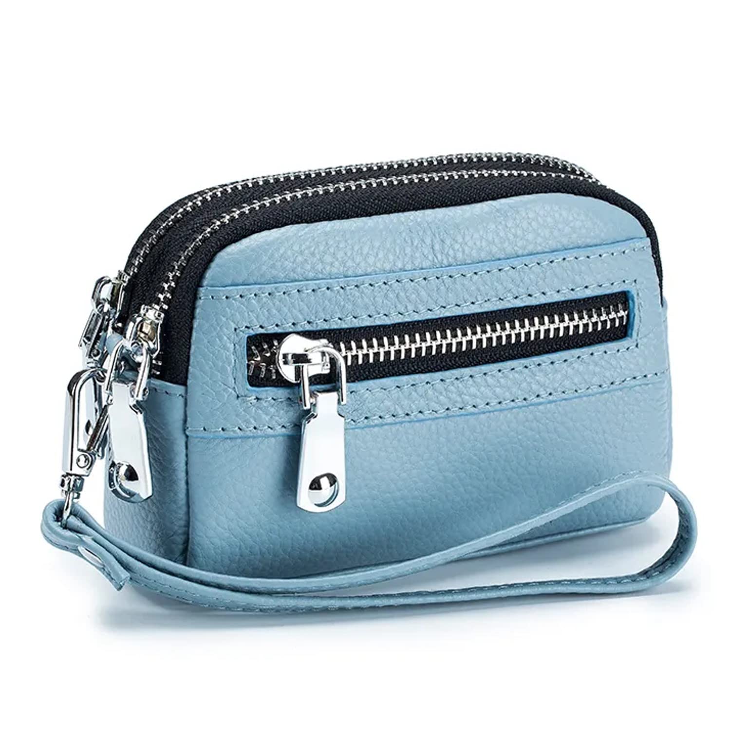 Genuine Leather Mini Wristlet Wallet for Women, 3 Zipped Coin Purse Small Pouch with Wristlet Strap (Light Blue)