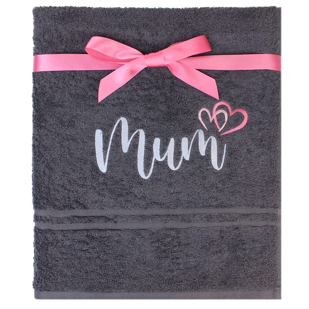 Teddyt's Grey, Pink Mum & Hearts Embroidered Grey Bath Towel Gift