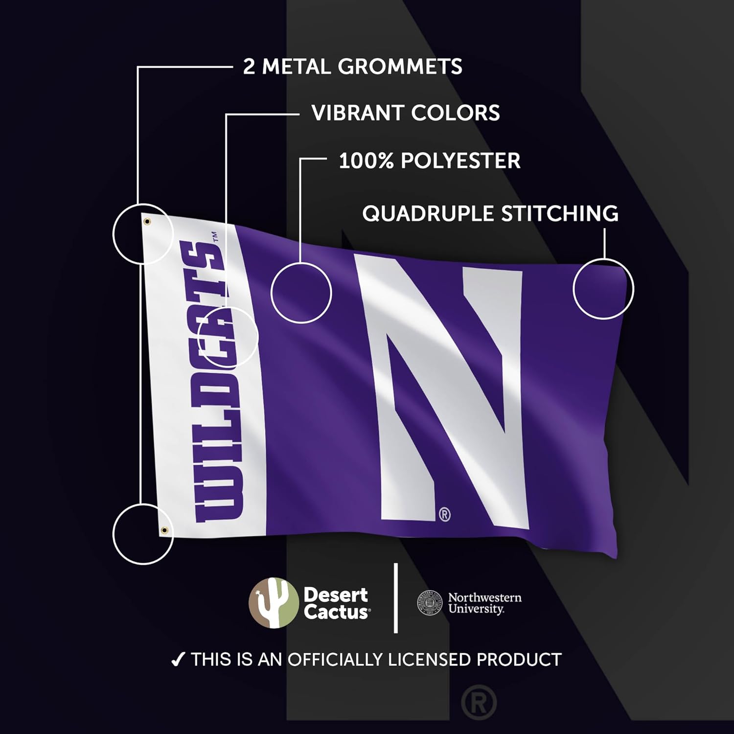 Desert Cactus Northwestern University Flag Wildcats NU Banners 100% Polyester Indoor Outdoor 3x5 feet Flags (Team Name) - Image 4