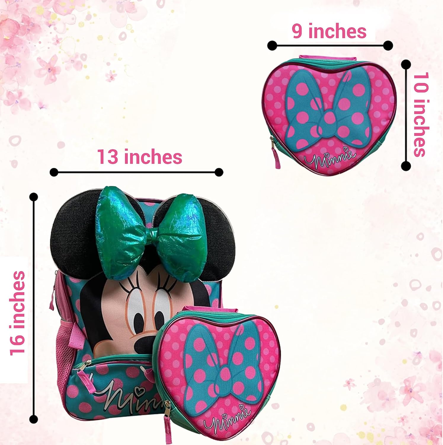 Disney Minnie Mouse 16-Inch Backpack for Girls with Heart-Shaped Lunch Box – Kids School Backpack for Elementary & Kindergarten – Padded Straps & Mesh Pockets – Girls Travel Bag