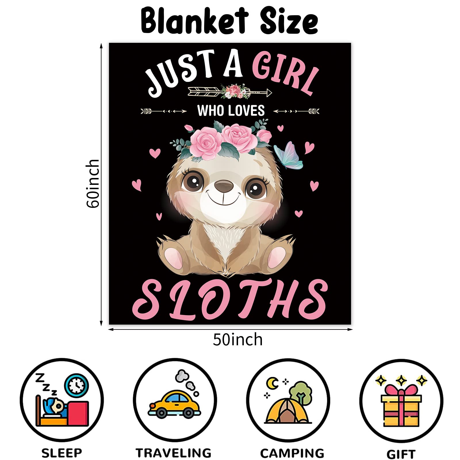 Just A Girl Who Loves Sloths Blanket for Girls Soft Cozy Black and Pink Sloth Fluffy Flannel Blanket Gift for Kids 130 x 150 cm Warm Sloth Flower Plush Fleece Blanket for Teen Sofa Bed Couch Bedroom - Image 2
