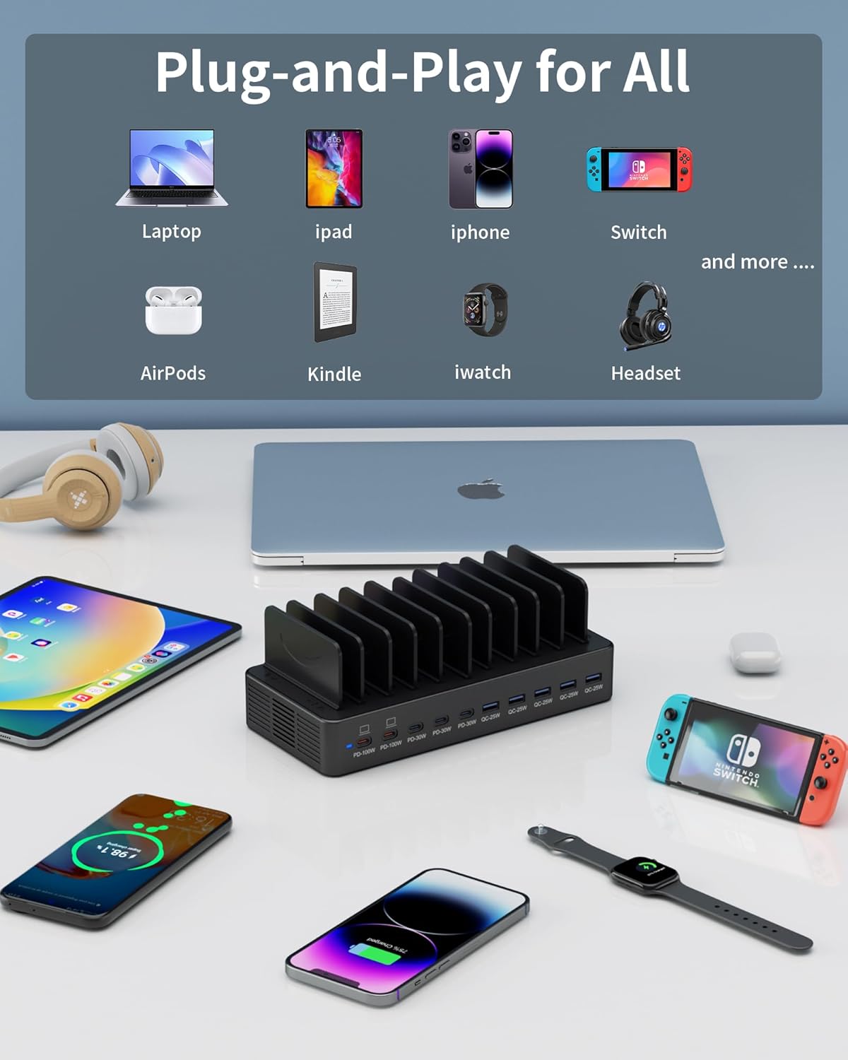 520W Charging Station for Multiple Devices, 10-Port USB C Fast Charger Station, Dual PD 100W Charging Dock with Adjustable Dividers & 6 Cables-Device Organizer for Laptop MacBook, iPhone, iPad - Image 5