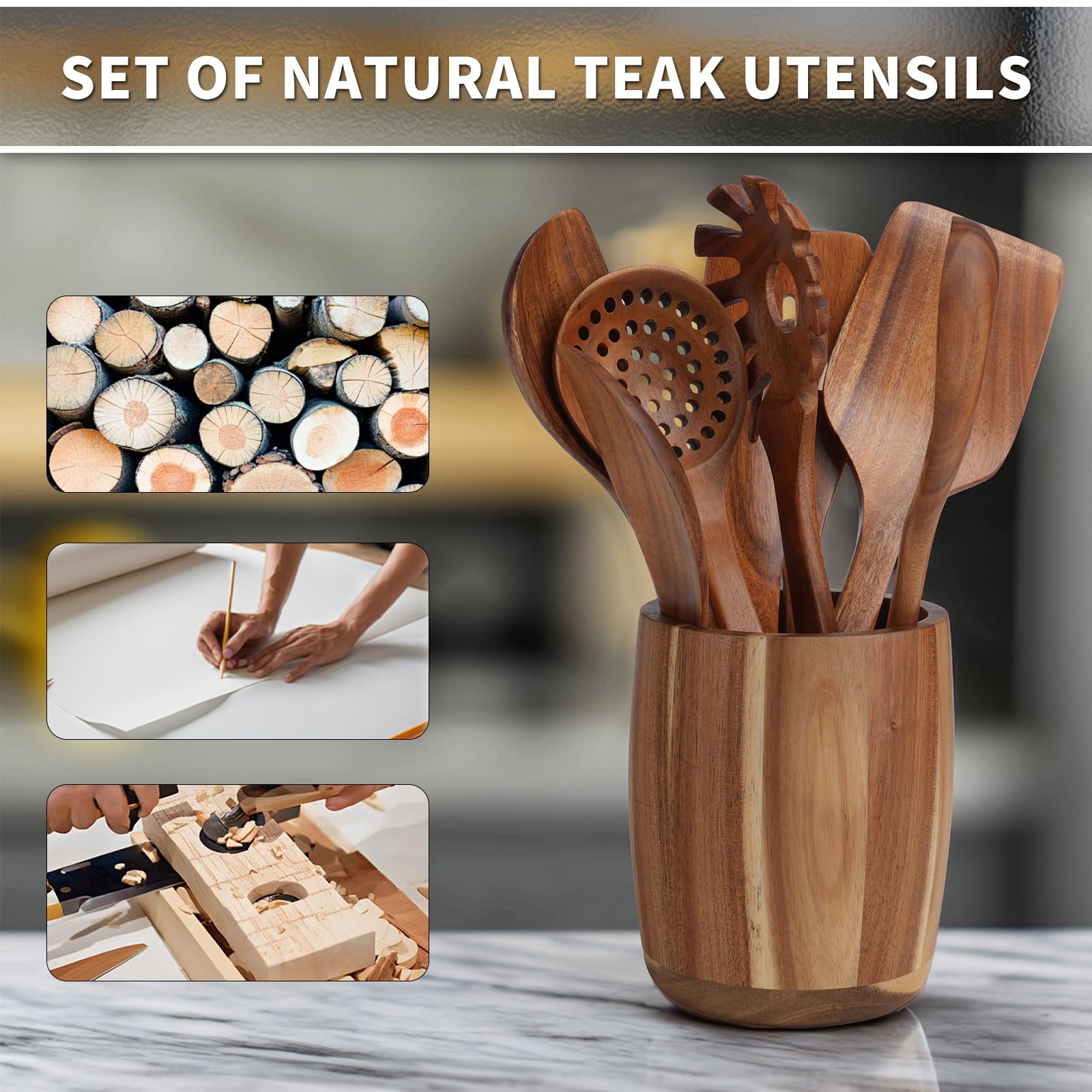Juego de 9 utensilios de cocina, cucharas de madera para cocinar, utensilios de madera de teca natural, incluye cucharas de madera, juego de espátulas, cuchara ranurada, juego de cucharas de