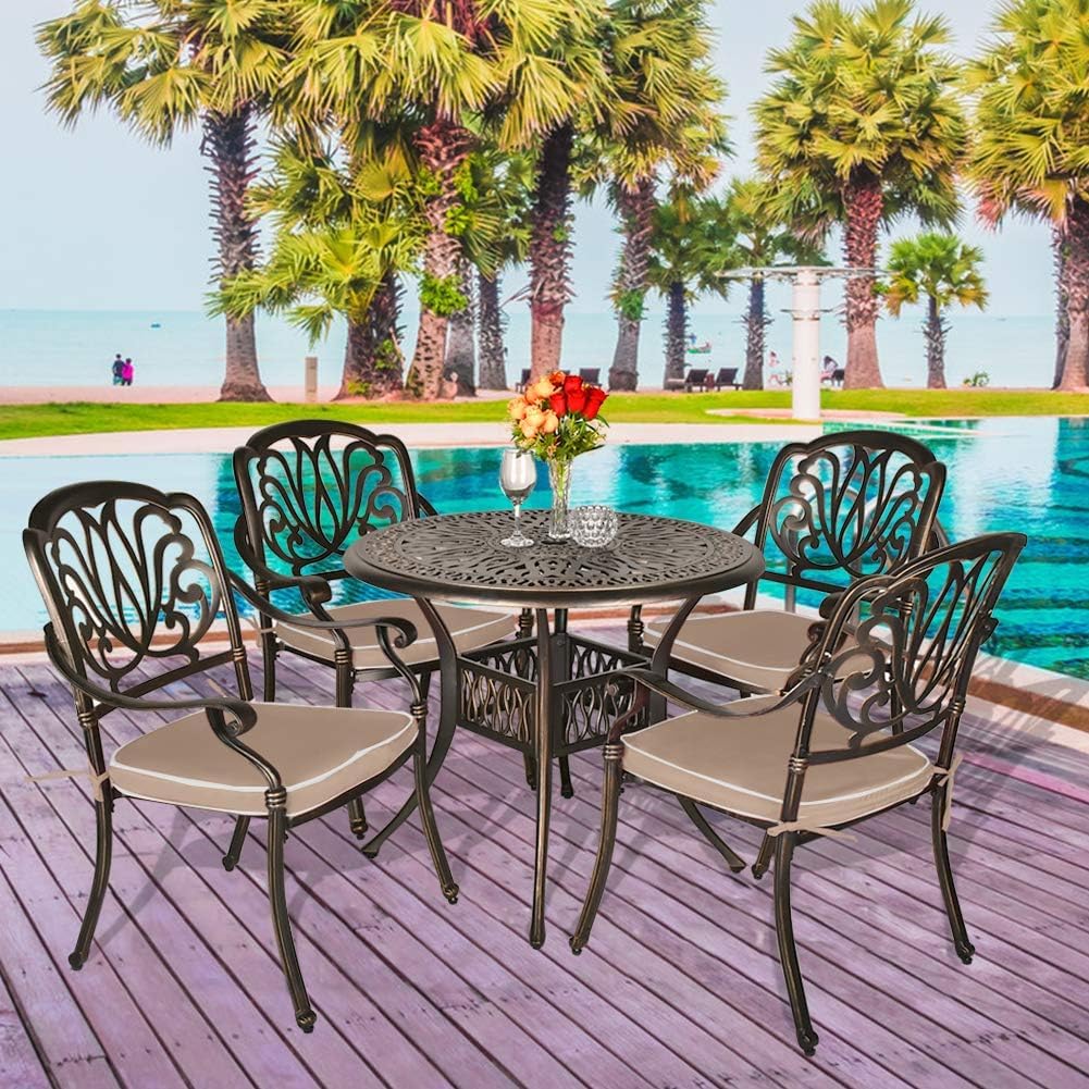 Outdoor Swivel Dining Chairs, Bronze Cast Aluminum Patio Dining Chairs Extra Wide Armrest Swivel Rocker Outdoor Chairs with Cushion Patio Furniture for Garden, Backyard, Deck