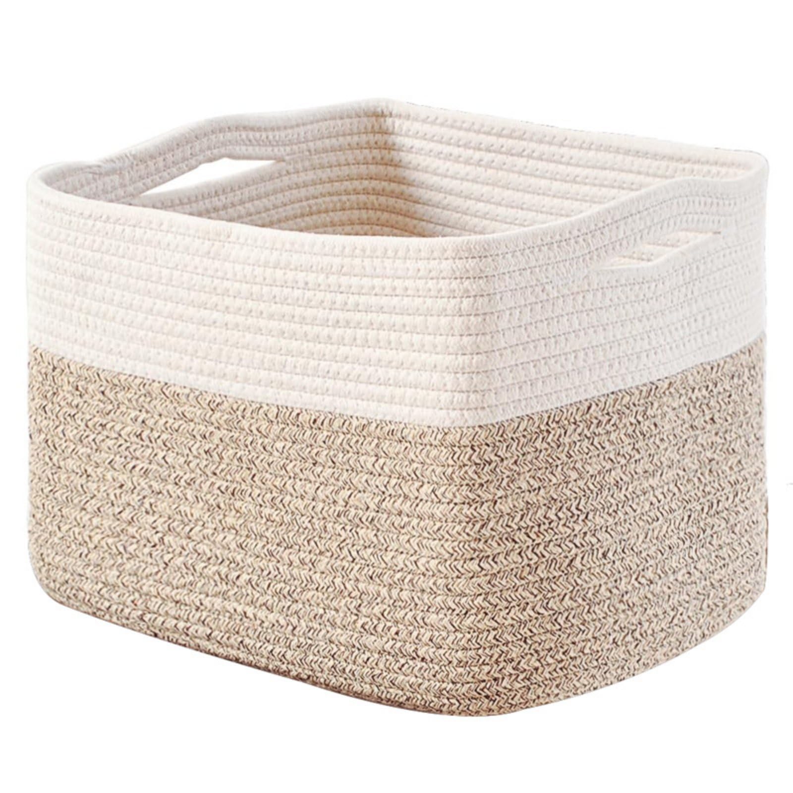 Panier tressé rectangulaire 38x25x23 cm bicolore café clair et blanc pour buanderie