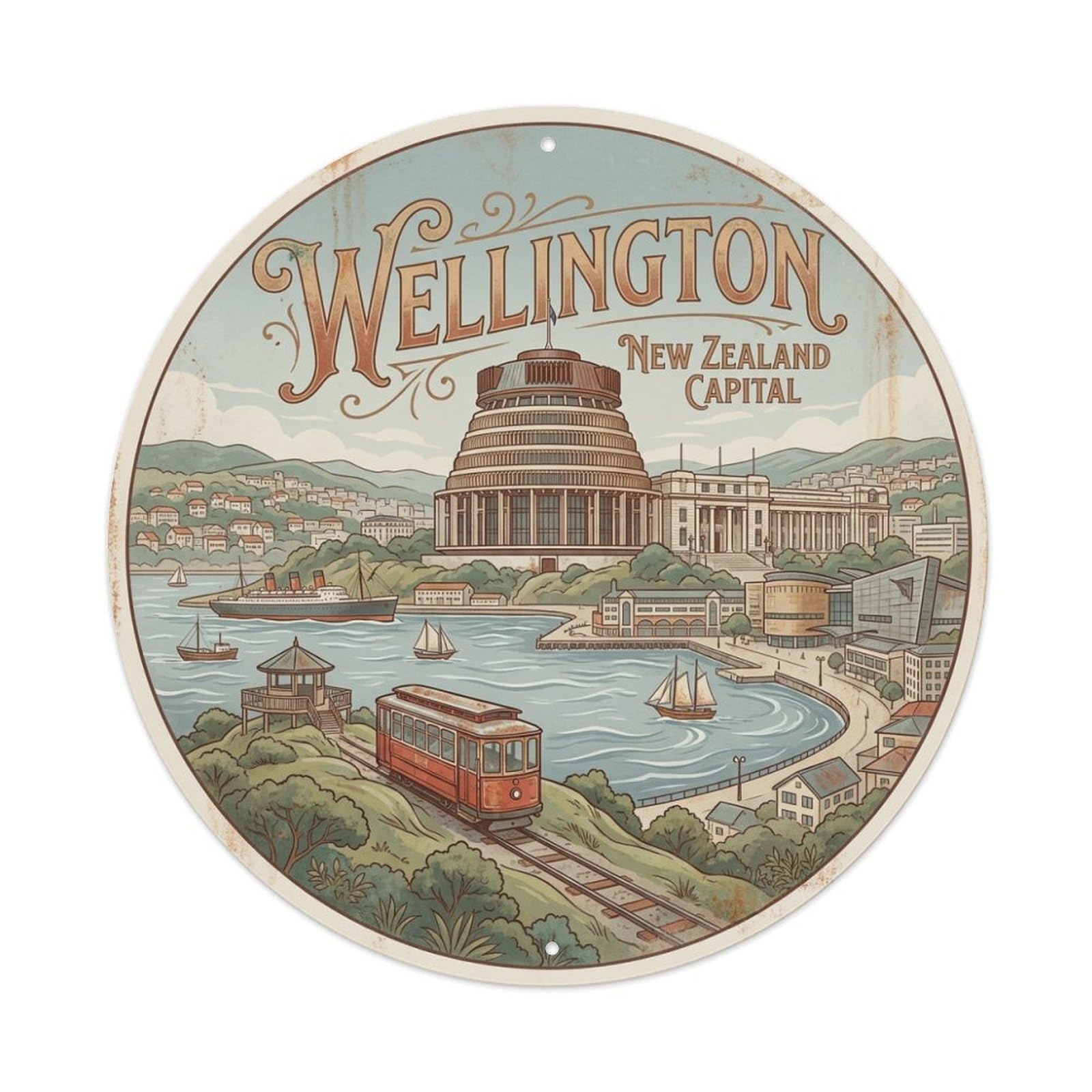 Olyhtr 8X8inch Classic Style Vintage New Zealand Wellington Travel Landmark Metal Tin Sign
