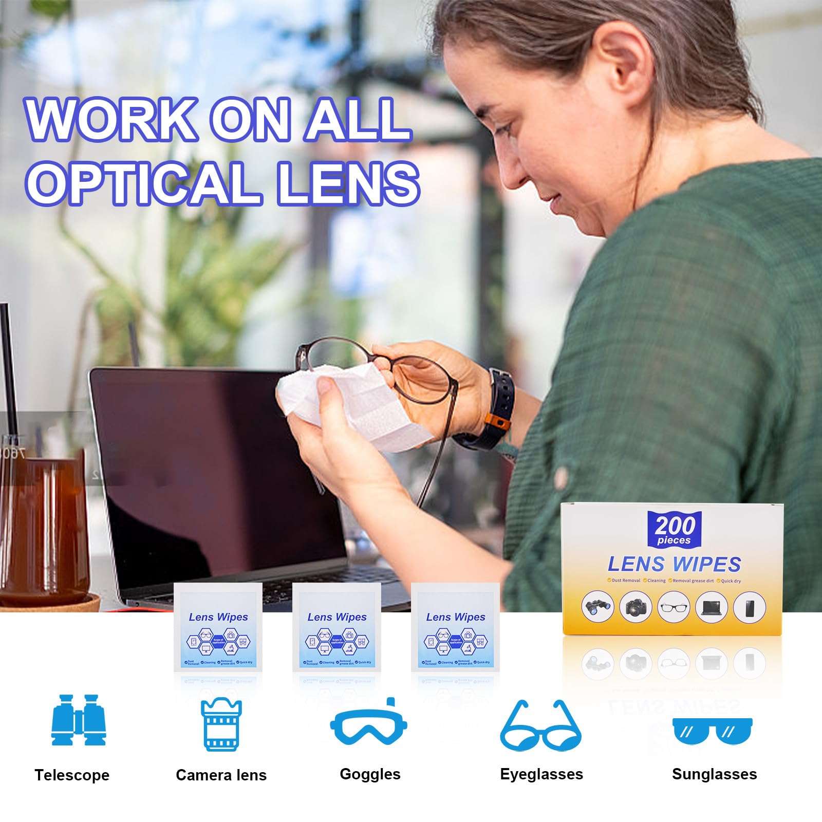 Toallitas para lentes, borradores de gafas se empaquetan por separado, limpiador de gafas para limpiar gafas, lentes de cámara, gafas de sol, pantallas de teléfono móvil, gafas, etc. (200 piezas)
